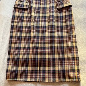 REMAIN Plaid Pencil Midi Skirt in Cream, Brown & Burgundy